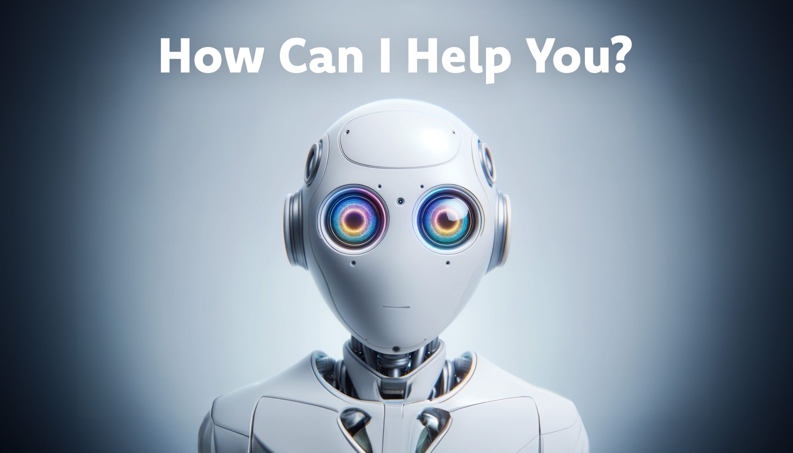 Render of a modern generative AI robot with a clean, unembellished design. It faces the camera head-on, and its eyes, reminiscent of vivid screens, seem to be analyzing and connecting with the observer. There is text above that says "How Can I Help You?".